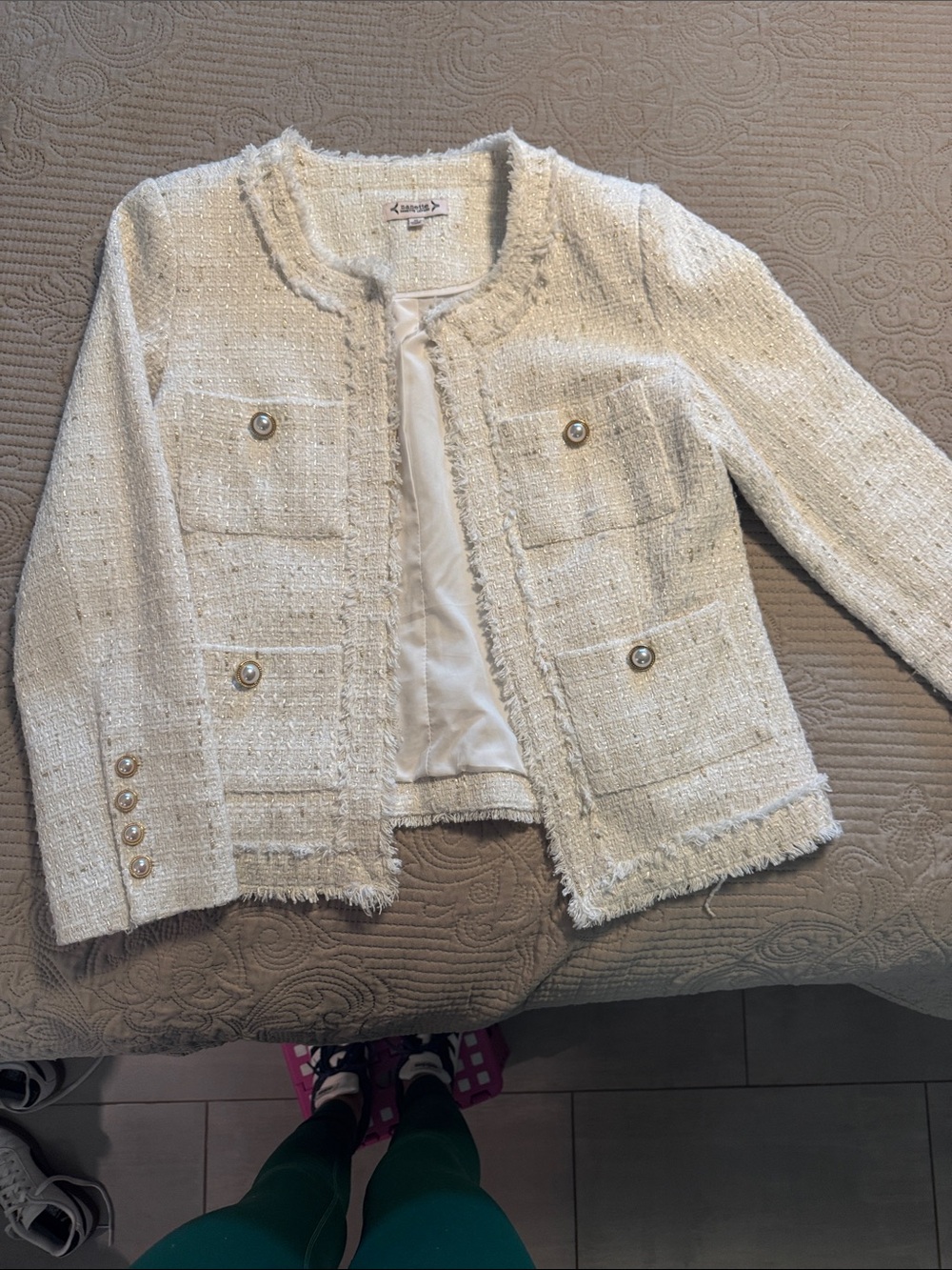 Nanette Lepore Cream Tweed Fringed Collarless Blazer
